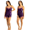 plain purple silky shiny satin with lace trim pyjamas set cami top with adjustable straps and French knickers shorts in UK plus sizes 8, 12, 14, 16, 18, 20, 22, 24, 26, 28, 30, 32, 34, 36, 38