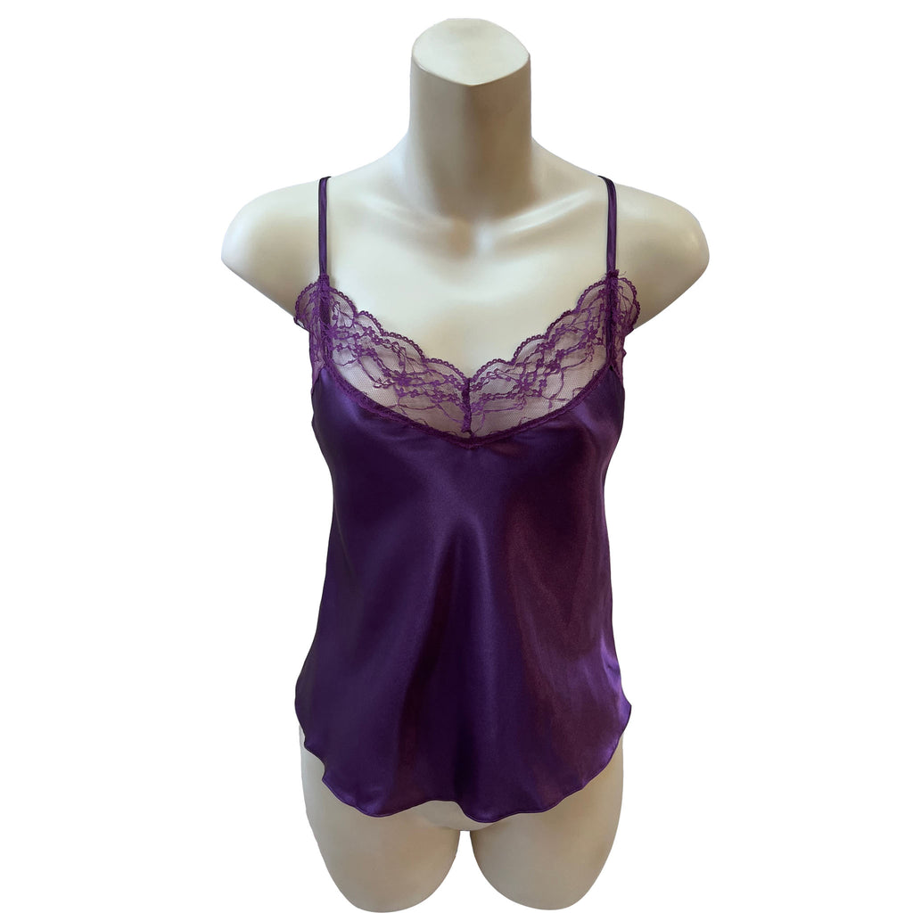 plain purple silky shiny satin and lace cami camisole top with adjustable straps in UK plus size 8, 12, 14, 16, 18, 20, 22, 24, 26, 28, 30, 32, 34, 36, 38