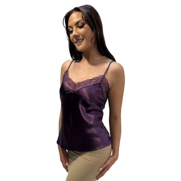 plain purple silky shiny satin and lace cami camisole top with adjustable straps in UK plus size 8, 12, 14, 16, 18, 20, 22, 24, 26, 28, 30, 32, 34, 36, 38