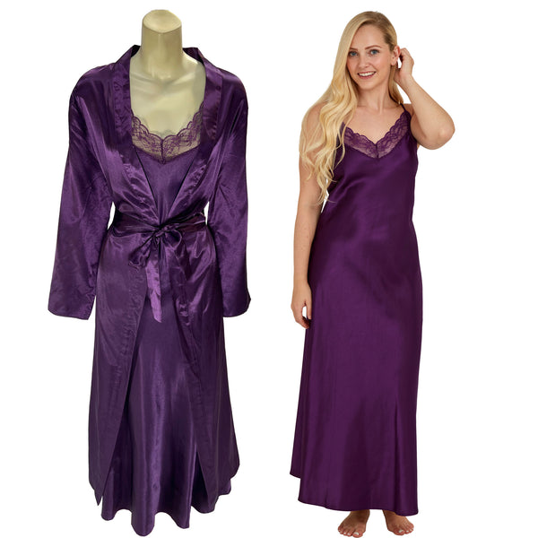 plain purple shiny silky satin and lace long chemise with a wrap which is cuddleskin satin which is lined with brushed cotton for warmth. In uk sizes 12, 14, 16, 18, 20, 22. 