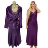 plain purple shiny silky satin and lace long chemise with a wrap which is cuddleskin satin which is lined with brushed cotton for warmth. In uk sizes 12, 14, 16, 18, 20, 22. 