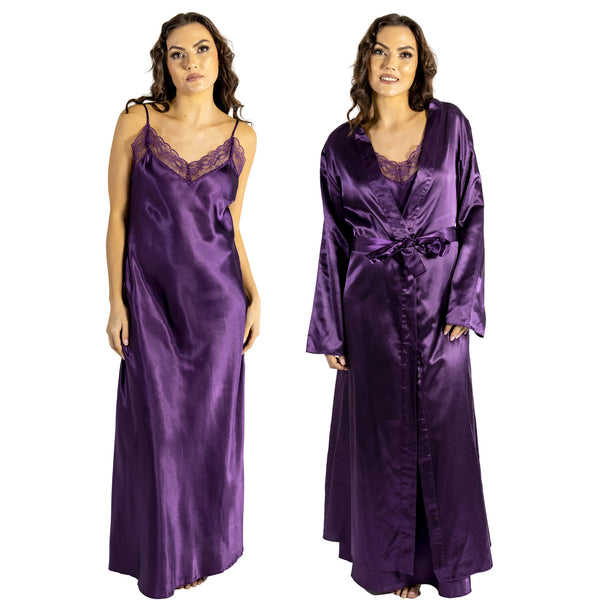 plain purple shiny silky satin and lace long chemise with a wrap which is cuddleskin satin which is lined with brushed cotton for warmth. In uk sizes 12, 14, 16, 18, 20, 22. 