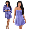 plain lilac purple shiny silky satin matching short length chemise and dressing gown robe set in UK sizes 16, 18, 