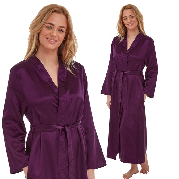 ladies plain purple warm cotton lined silky shiny satin and lace full length dressing gown, bathrobe, wrap, kimono with full length sleeves in UK plus sizes 12, 14, 16, 18, 20, 22, 24, 26, 28, 30, 32, 34