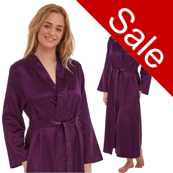 Sale Long Full Length Sexy Satin Wrap Bathrobe Plain Purple