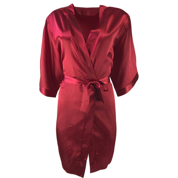 Plain Bright Red Sexy Satin Bathrobe Wrap Kimono Dressing Gown