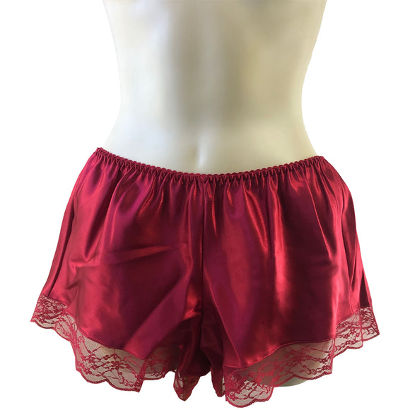 plain red satin and lace trim French knickers style shorts in UK size 8, 10, 12, 14, 16, 18, 20, 22