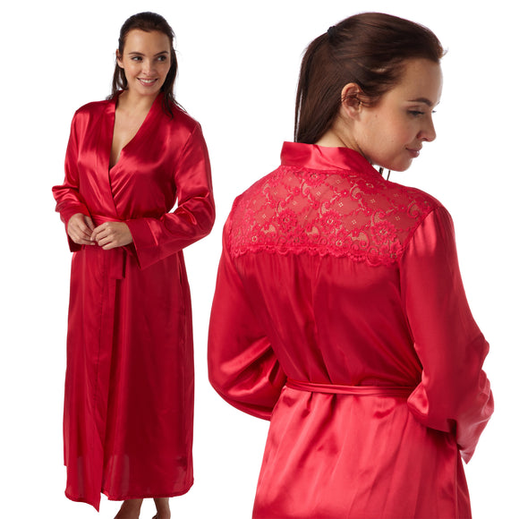 ladies plain red silky shiny satin and lace full length dressing gown, bathrobe, wrap, kimono with full length sleeves in UK sizes 14, 16