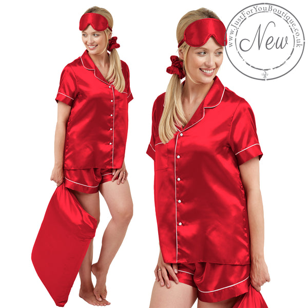 Plain Red Silky Sexy Satin Shorty Pyjamas PJs Short Sleeve Negligee Lingerie