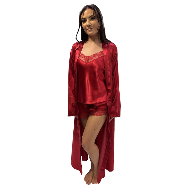 Plain red silky shiny satin with lace trim pyjamas set with cami top with adjustable straps and French knickers, shorts with a purple full length wrap, robe in UK inclusive sizes 12, 14, 16, 18, 20, 22