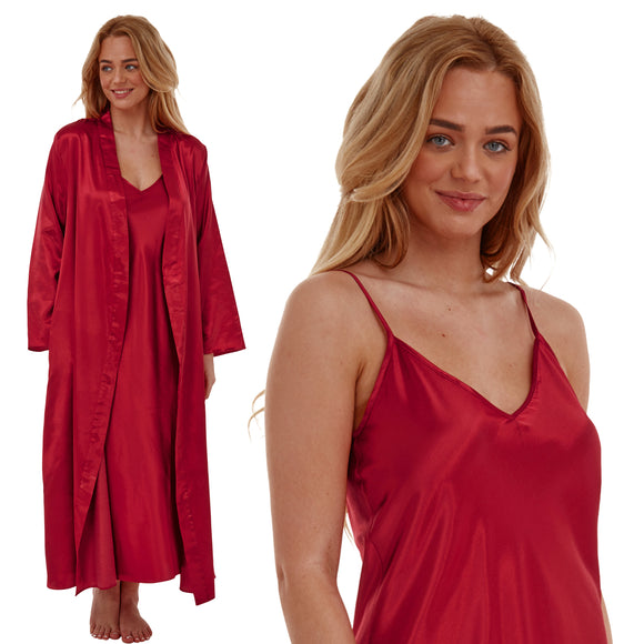 plain bright red shiny silky warm lined satin matching string adjustable strap nightdress and dressing gown robe set which is full length in UK plus sizes 12, 14, 16, 18, 20, 22, 24, 26, 28, 30, 32, 34