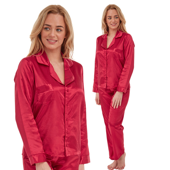plain red shiny silky satin pjs set which are warmer because its cotton lined. They have a shirt style top with full length sleeves, a collar, top pocket and button up front. The trousers are full length with an elasticated waist band in UK plus sizes 8, 10, 12, 14, 16, 18, 20, 22, 24, 26, 28, 30, 32, 34
