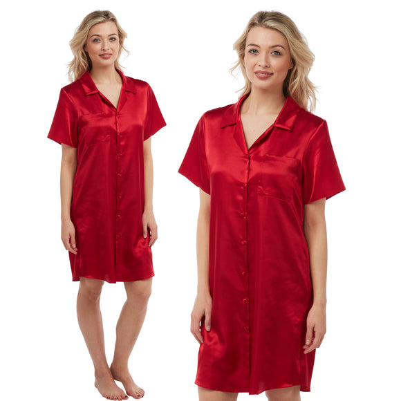 plain red shiny silky satin nightshirt with a button front, collar, top pocket, short sleeve and shirt style hem in UK plus sizes 12, 14, 16, 18, 20, 22, 24, 26, 28, 30, 32, 34, 36, 38,