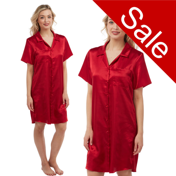 plain red shiny silky satin nightshirt with a button front, collar, top pocket, short sleeve and shirt style hem in UK sizes 12, 14, 