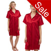 plain red shiny silky satin nightshirt with a button front, collar, top pocket, short sleeve and shirt style hem in UK sizes 12, 14, 