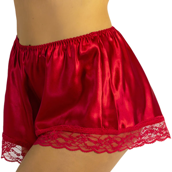 plain red silky shiny satin and lace trim French knickers style shorts in UK plus sizes 8, 10, 12, 14, 16, 18, 20, 22, 24, 26, 28, 30, 32, 34, 36, 38