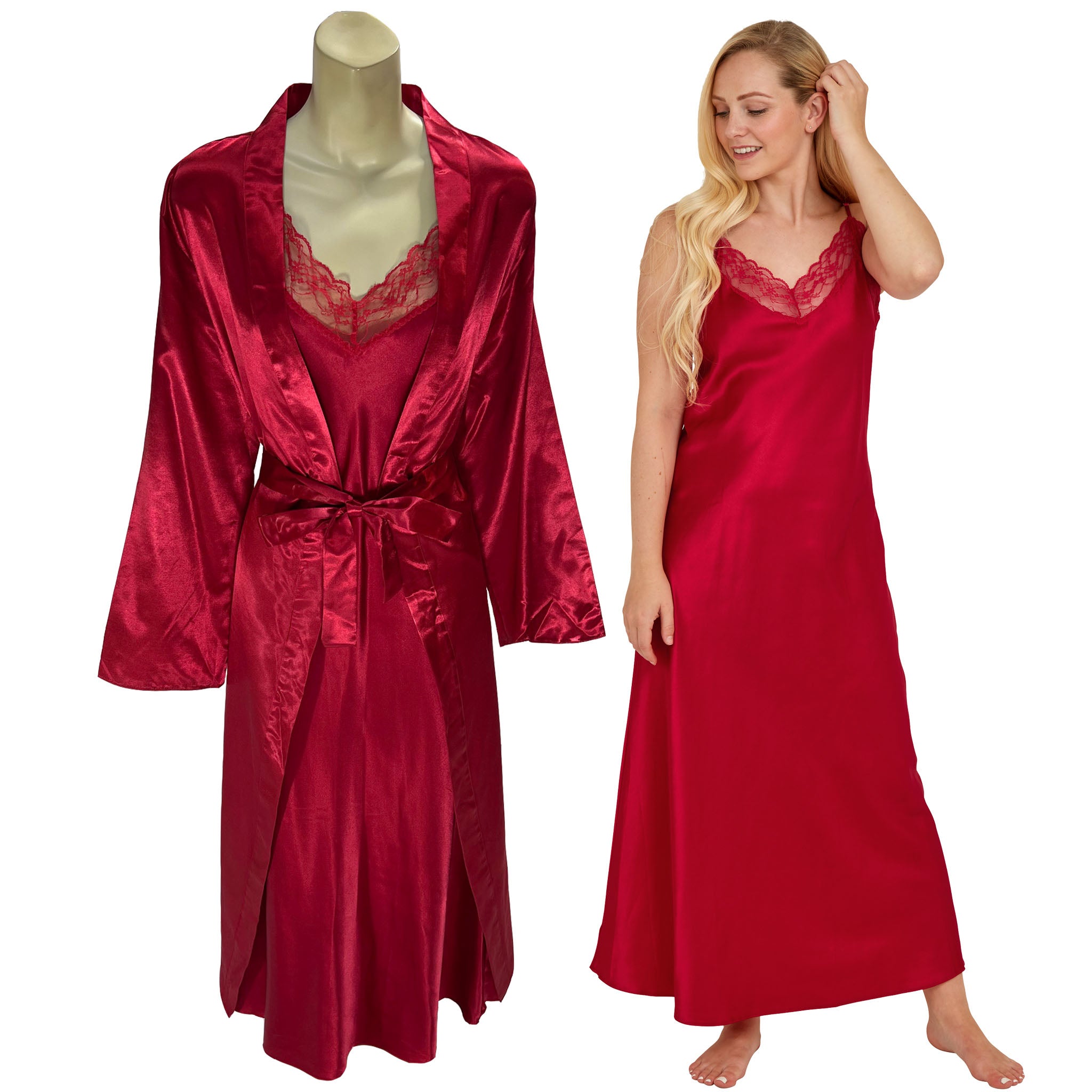 Long Full Length Red Sexy Satin Lace Chemise Wrap Set – Just