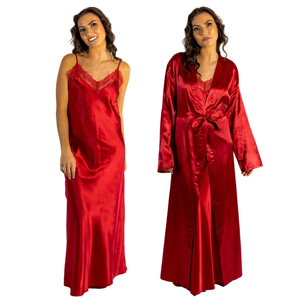 plain red shiny silky satin and lace long chemise with a wrap which is cuddleskin satin which is lined with brushed cotton for warmth. In uk sizes 12, 14, 16, 18, 20, 22, 24, 26