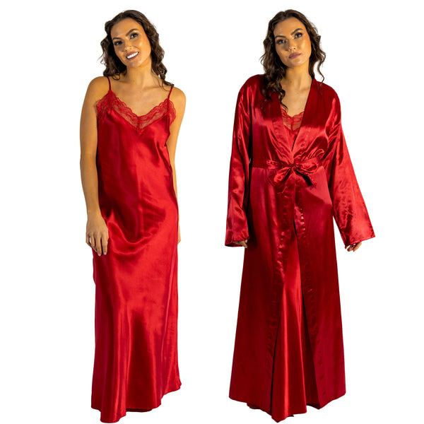 plain red shiny silky satin and lace long chemise with a wrap which is cuddleskin satin which is lined with brushed cotton for warmth. In uk sizes 12, 14, 16, 18, 20, 22, 24, 26