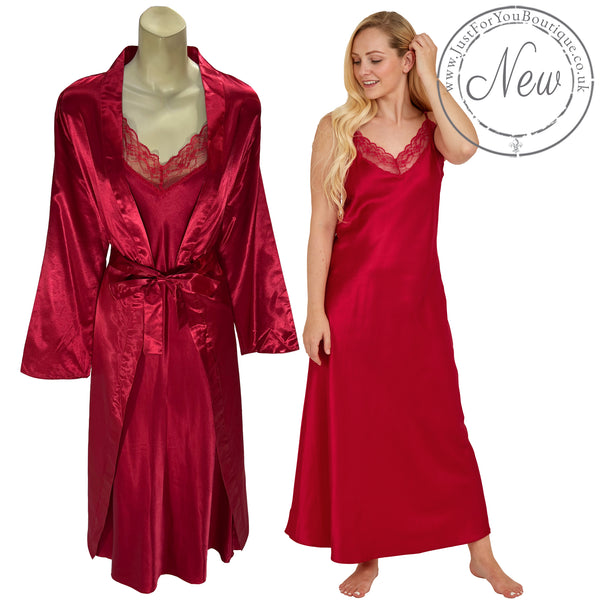 plain red shiny silky satin and lace long chemise with a wrap which is cuddleskin satin which is lined with brushed cotton for warmth. In uk sizes 12, 14, 16, 18, 20, 22, 24, 26