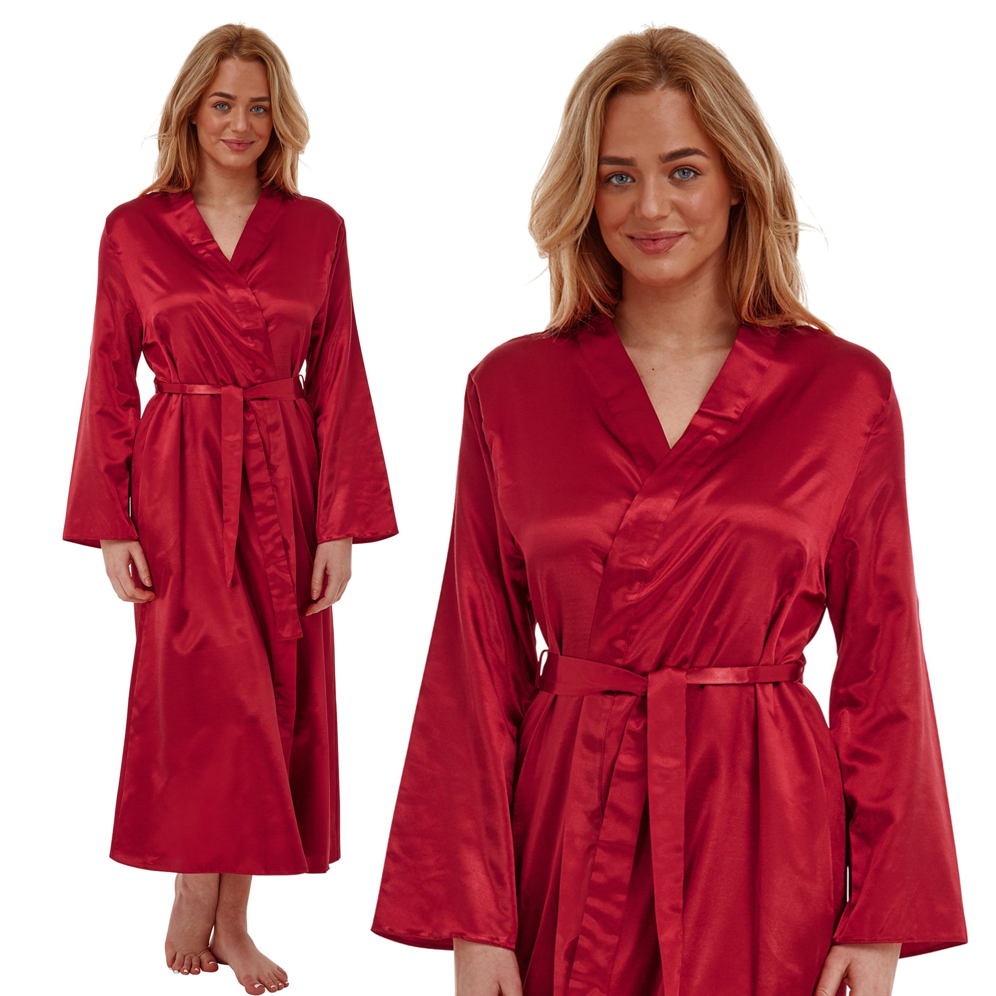 ladies plain red warm cotton lined silky shiny satin and lace full length dressing gown, bathrobe, wrap, kimono with full length sleeves in UK plus sizes 12, 14, 16, 18, 20, 22, 24, 26, 28, 30, 32, 34