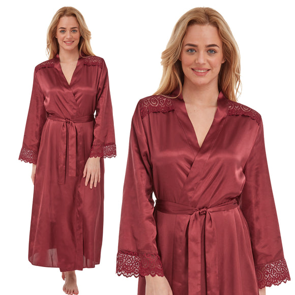 ladies plain burgundy red silky shiny satin and lace full length dressing gown, bathrobe, wrap, kimono with full length sleeves trimmed with lace in UK sizes 14, 16, 18, 20, 22, 24