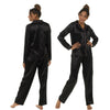 plain black silky shiny satin pjs set consisting of a shirt style top with full length sleeves, a collar, top pocket and a button up front with matching full length trousers in UK plus sizes 8, 10, 12, 14, 16, 18, 20, 22