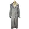 plain steal grey mat satin pjs set. They have a shirt style top with full length sleeves, a collar, top pocket and button up front. The trousers are full length with an elasticated waist band in UK plus sizes 22, 24, 