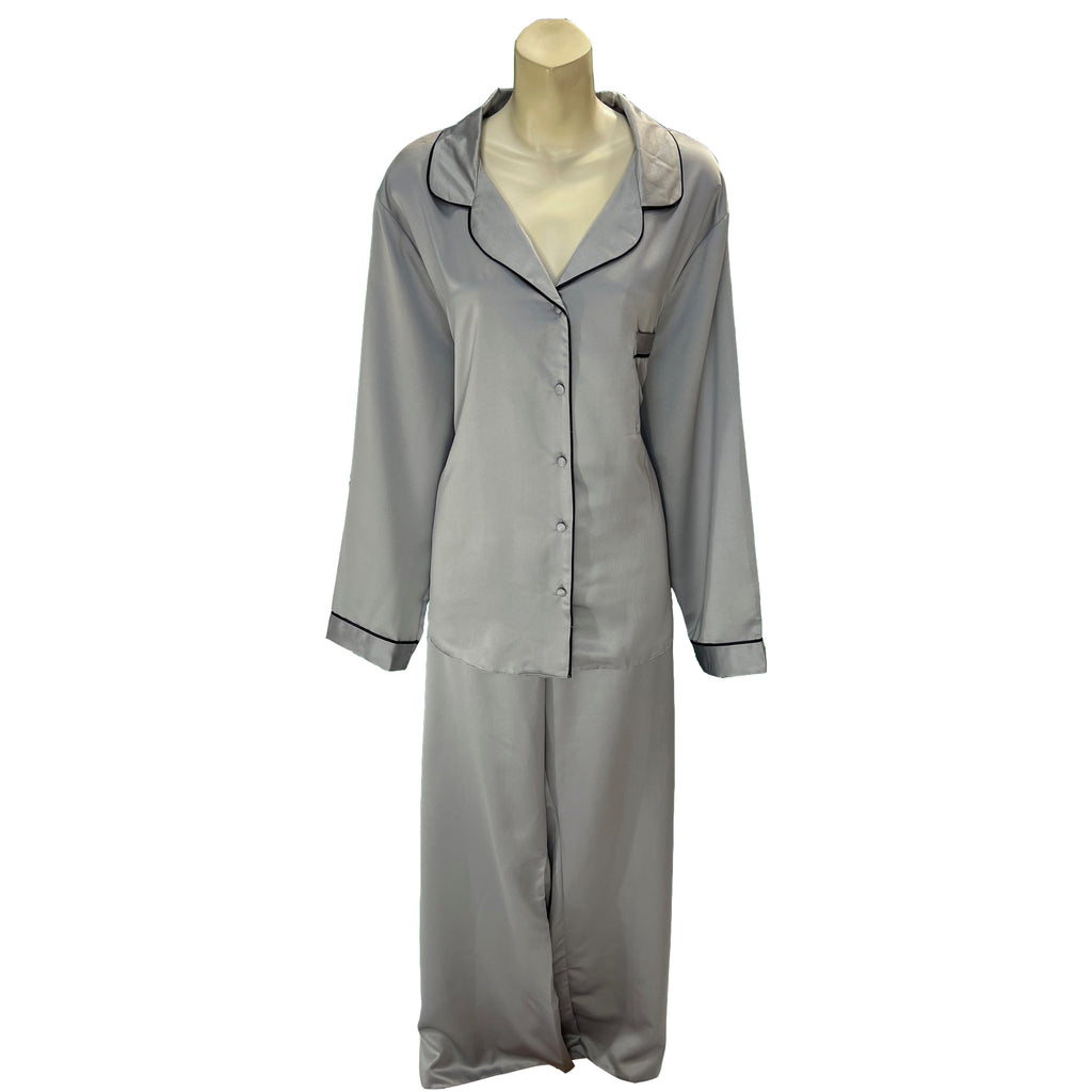 plain steal grey mat satin pjs set. They have a shirt style top with full length sleeves, a collar, top pocket and button up front. The trousers are full length with an elasticated waist band in UK plus sizes 22, 24, 