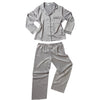 plain steal grey mat satin pjs set. They have a shirt style top with full length sleeves, a collar, top pocket and button up front. The trousers are full length with an elasticated waist band in UK plus sizes 22, 24, 