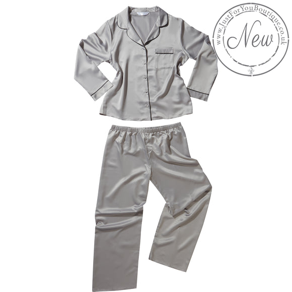 plain silver grey mat satin pjs set. They have a shirt style top with full length sleeves, a collar, top pocket and button up front. The trousers are full length with an elasticated waist band in UK plus sizes 22, 24, 26, 28