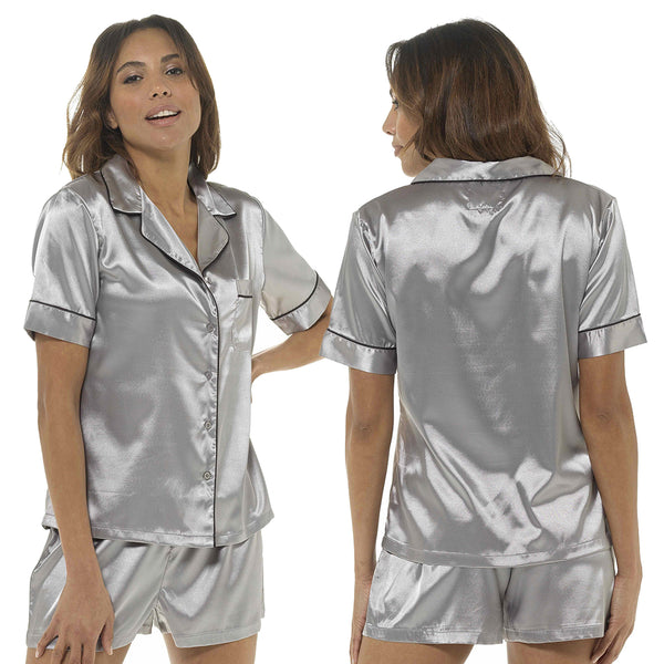 plain silver grey silky shiny satin shorty pjs set consisting of a shirt style top with short sleeves, a collar, top pocket and a button up front with matching shorts in UK plus sizes 8, 10, 12, 14, 16, 18, 20, 22