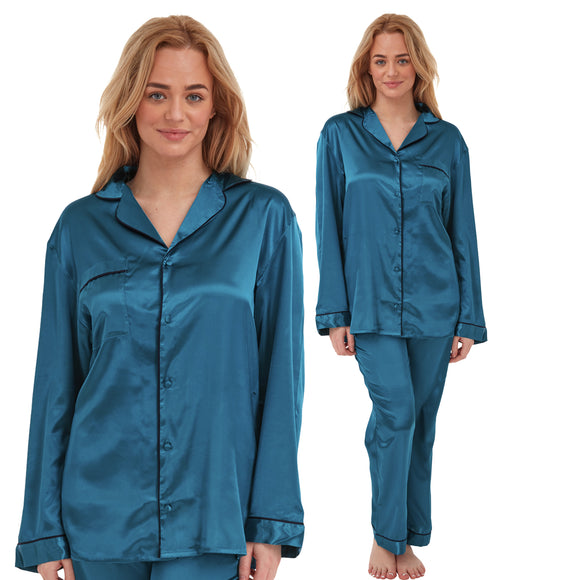 plain teal blue silky shiny satin pjs set consisting of a shirt style top with full length sleeves, a collar, top pocket and a button up front with matching full length trousers in UK plus sizes 14, 16, 18, 20, 22, 24,