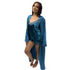 Plain teal blue silky shiny satin with lace trim pyjamas set with cami top with adjustable straps and French knickers, shorts with a purple full length wrap, robe in UK inclusive sizes 12, 14, 16, 18, 20, 22, 24, 26