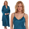 plain teal blue shiny silky warm lined satin matching string adjustable strap nightdress and dressing gown robe set which is full length in UK plus sizes 12, 14, 16, 18, 20, 22, 24, 26, 28, 30, 32, 34