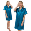 plain teal blue shiny silky satin nightshirt with a button front, collar, top pocket, short sleeve and shirt style hem in UK plus sizes 12, 14, 16, 18, 20, 22, 24, 26, 28, 30, 32, 34, 36, 38,