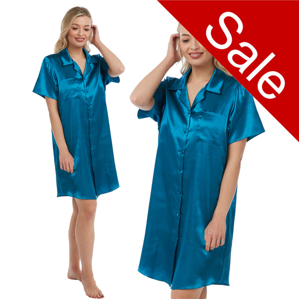 plain teal blue shiny silky satin nightshirt with a button front, collar, top pocket, short sleeve and shirt style hem in UK sizes 12, 14, 