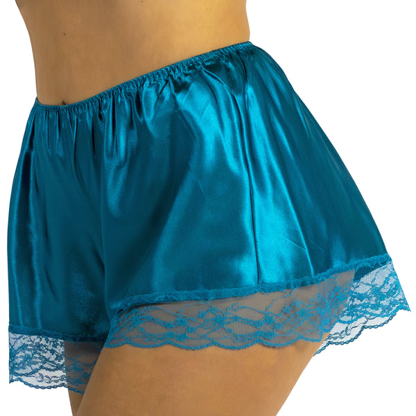 plain teal blue silky shiny satin and lace trim French knickers style shorts in UK plus sizes 8, 12, 14, 16, 18, 20, 22, 24, 26, 28, 30, 32, 34, 36, 38