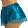 plain teal blue silky shiny satin and lace trim French knickers style shorts in UK plus sizes 8, 12, 14, 16, 18, 20, 22, 24, 26, 28, 30, 32, 34, 36, 38