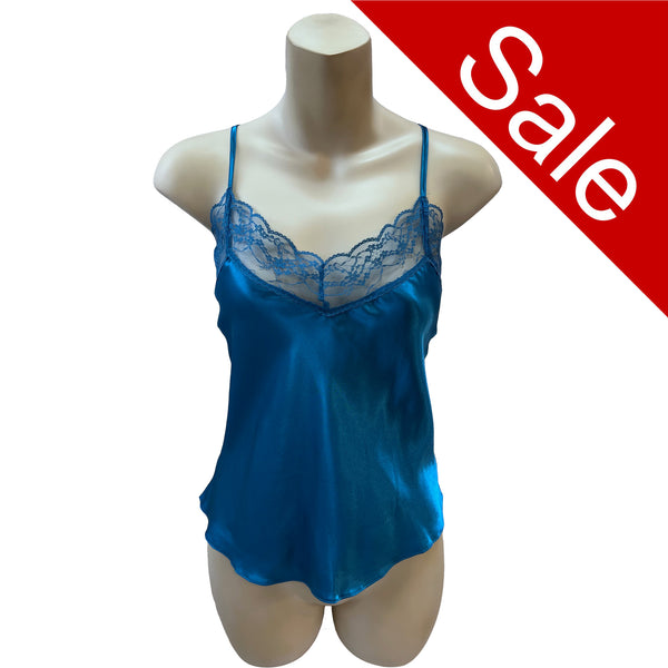 plain teal blue silky shiny satin and lace cami camisole top with adjustable straps in UK size 8, 10, 12, 