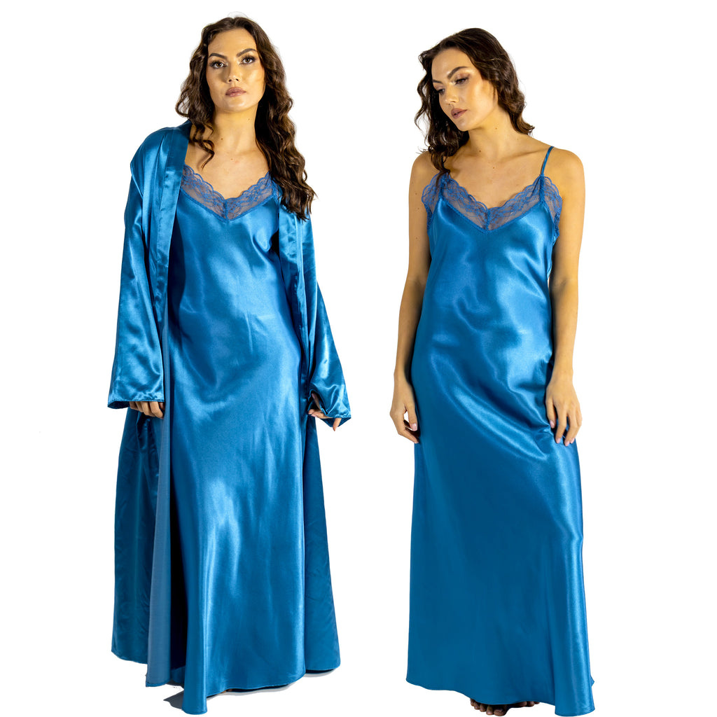 plain teal blue shiny silky satin and lace long chemise with a wrap which is cuddleskin satin which is lined with brushed cotton for warmth. In uk sizes 12, 14, 16, 18, 20, 22, 24, 26