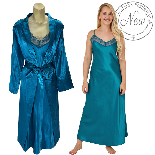 plain teal blue shiny silky satin and lace long chemise with a wrap which is cuddleskin satin which is lined with brushed cotton for warmth. In uk sizes 12, 14, 16, 18, 20, 22, 24, 26