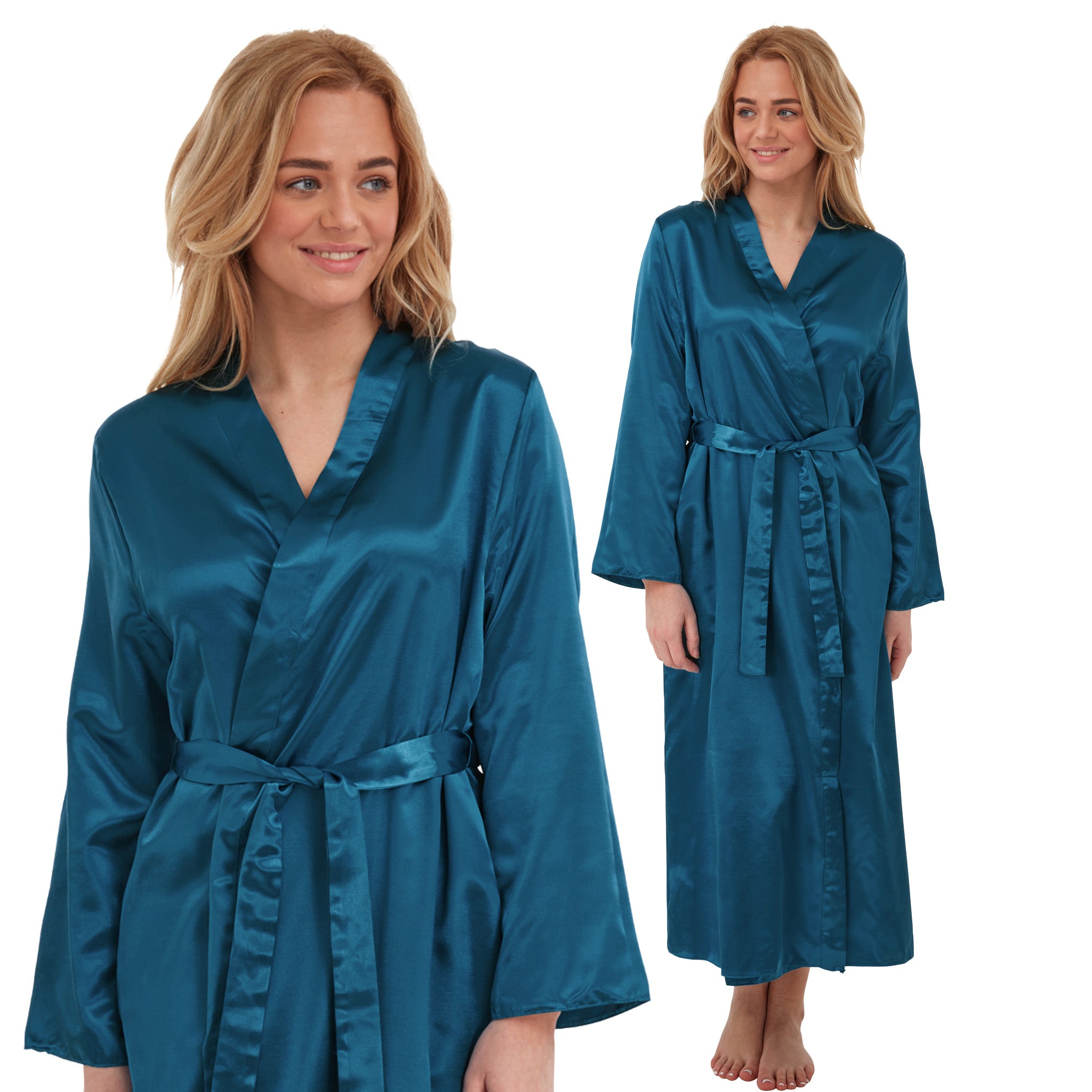 Long Full Length Sexy Satin Wrap Bathrobe Plain Teal Blue PLUS