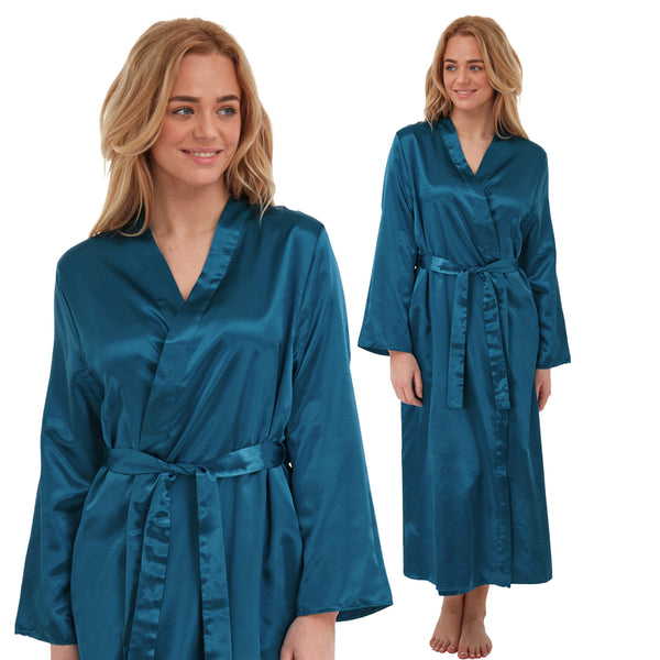 ladies plain teal blue warm cotton lined silky shiny satin and lace full length dressing gown, bathrobe, wrap, kimono with full length sleeves in UK plus sizes 12, 14, 16, 18, 20, 22, 24, 26, 28, 30, 32, 34