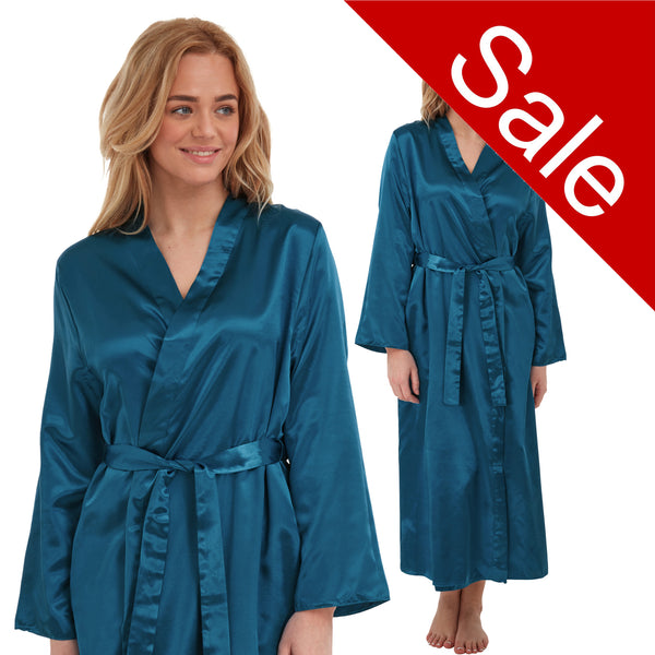 ladies plain teal blue warm cotton lined silky shiny satin and lace full length dressing gown, bathrobe, wrap, kimono with full length sleeves in UK sizes 12, 14, 16, 18, 