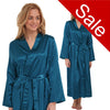 ladies plain teal blue warm cotton lined silky shiny satin and lace full length dressing gown, bathrobe, wrap, kimono with full length sleeves in UK sizes 12, 14, 16, 18, 