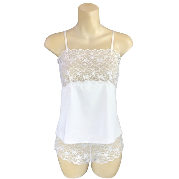 plain white pyjamas set cami top with lace trim and adjustable straps and shorts in UK sizes 8, 10