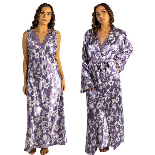 lilac purple floral silky shiny satin and lace matching wide strap nightdress and dressing gown robe set which is full length in UK plus sizes 10, 12, 14, 16, 18, 20, 22, 24, 26, 28