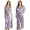 lilac purple floral silky shiny satin and lace matching wide strap nightdress and dressing gown robe set which is full length in UK plus sizes 18, 20, 22, 24, 26, 28