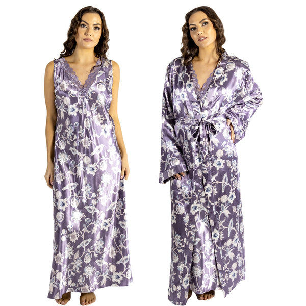 lilac purple floral silky shiny satin and lace matching wide strap nightdress and dressing gown robe set which is full length in UK plus sizes 18, 20, 22, 24, 26, 28